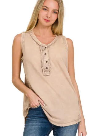 Ash Mocha Washed Half Button Tank