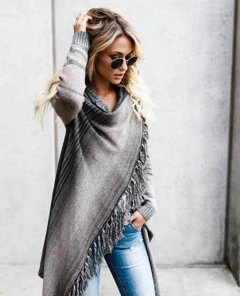 Autumn And Winter Medium Length Slim Fringe Striped Sweater Coat