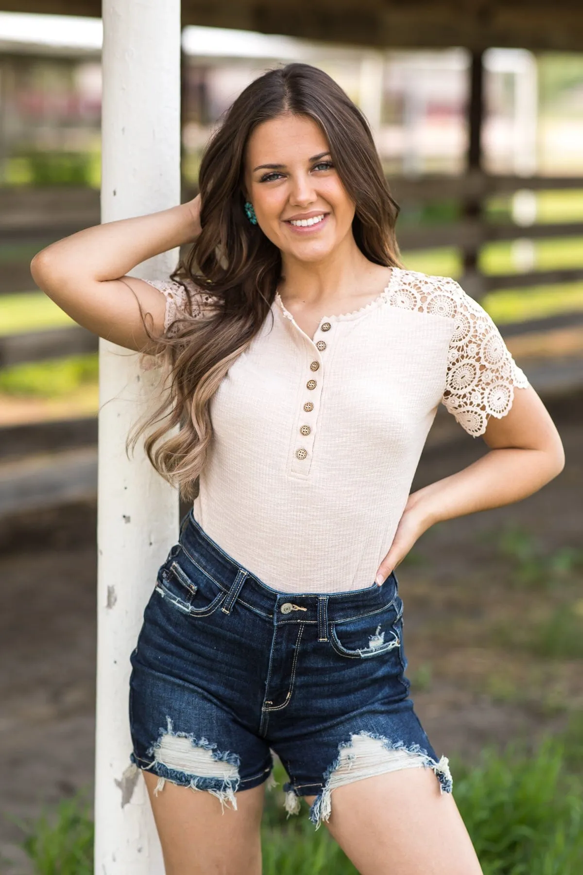 Beige Crochet Sleeve Henley Top