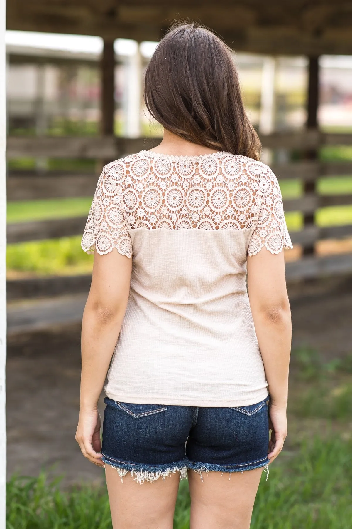 Beige Crochet Sleeve Henley Top