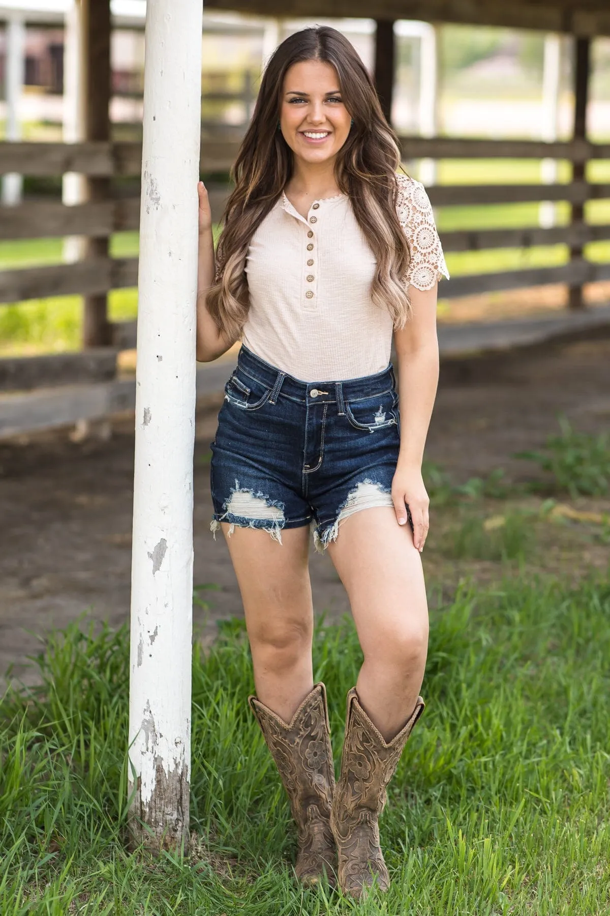 Beige Crochet Sleeve Henley Top