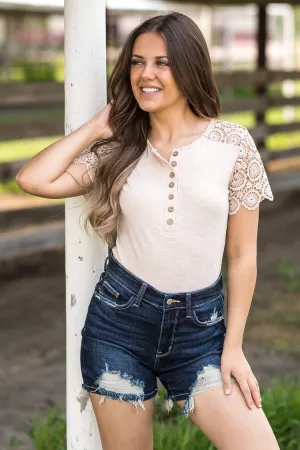 Beige Crochet Sleeve Henley Top