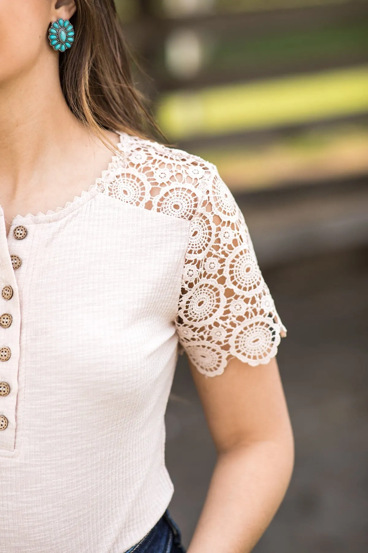 Beige Crochet Sleeve Henley Top