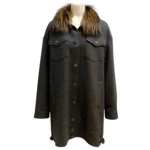 Brunello Cucinelli Charcoal Grey Fox Fur Collar Wool Coat