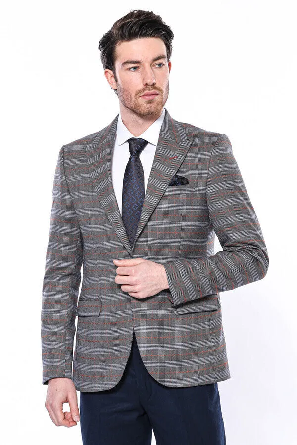 Checked Single Button Brown Men Blazer - Wessi