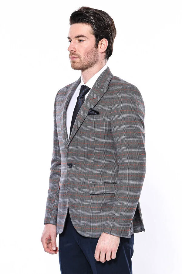 Checked Single Button Brown Men Blazer - Wessi