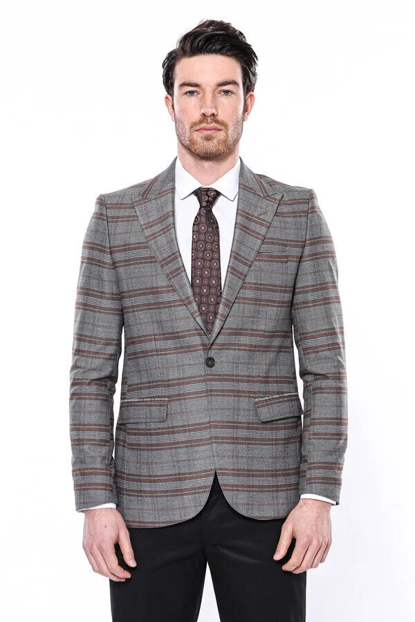 Checked Slim-Fit Brown Men Blazer - Wessi