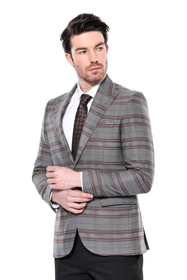 Checked Slim-Fit Brown Men Blazer - Wessi