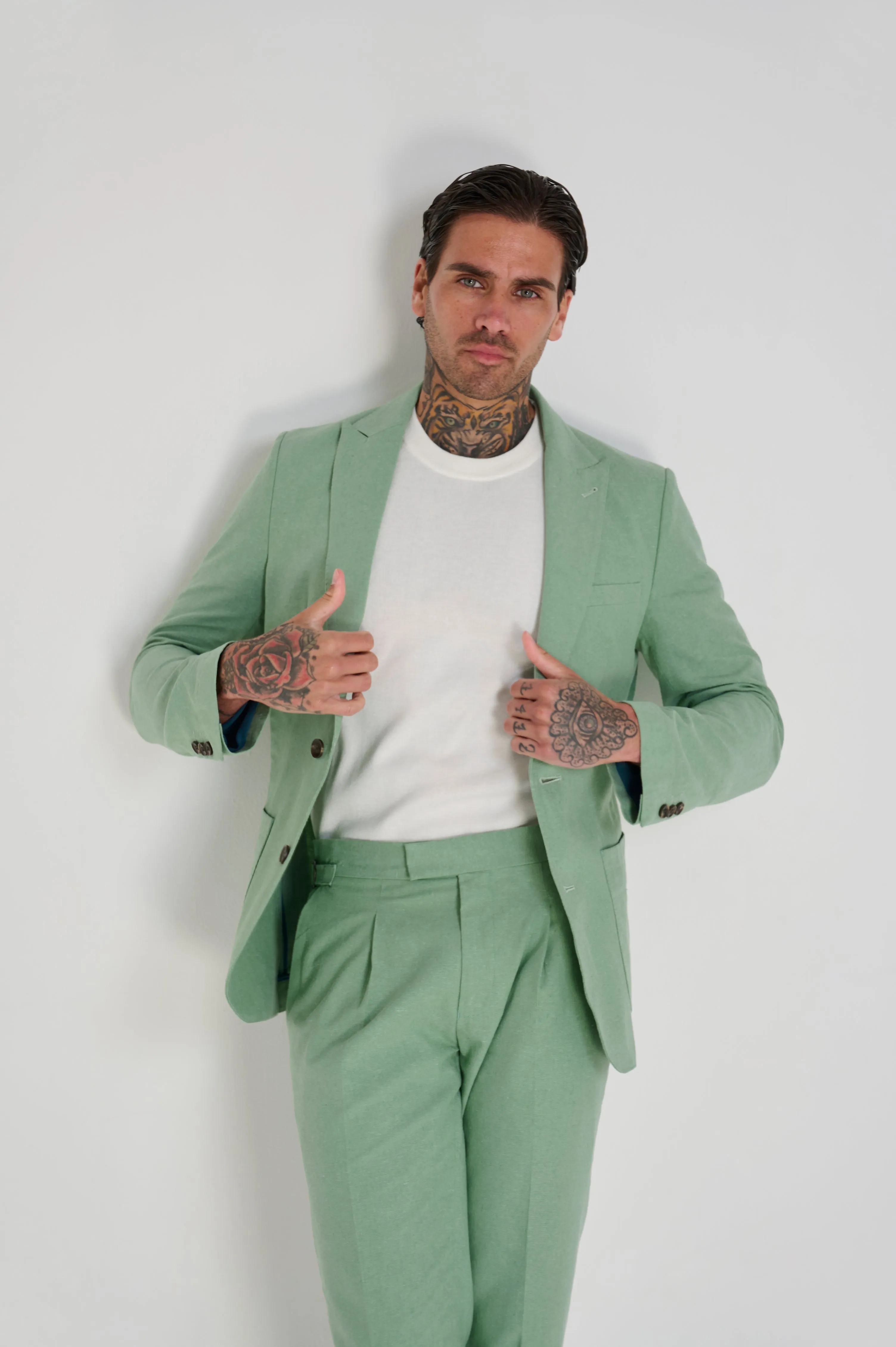 Chris Slim Fit Linen Cotton Blend Single Breasted Suit Blazer in Pastel Green