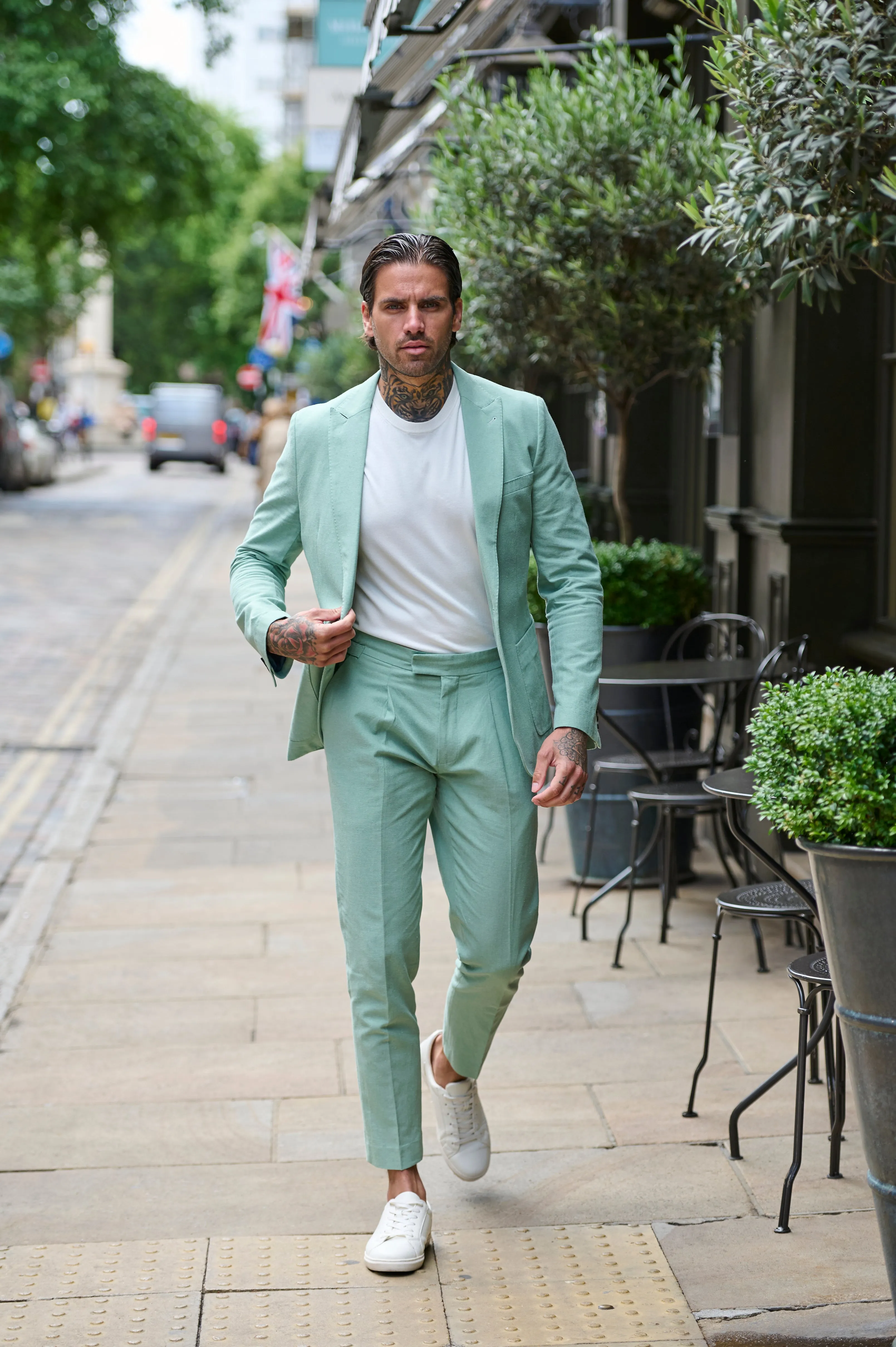 Chris Slim Fit Linen Cotton Blend Single Breasted Suit Blazer in Pastel Green