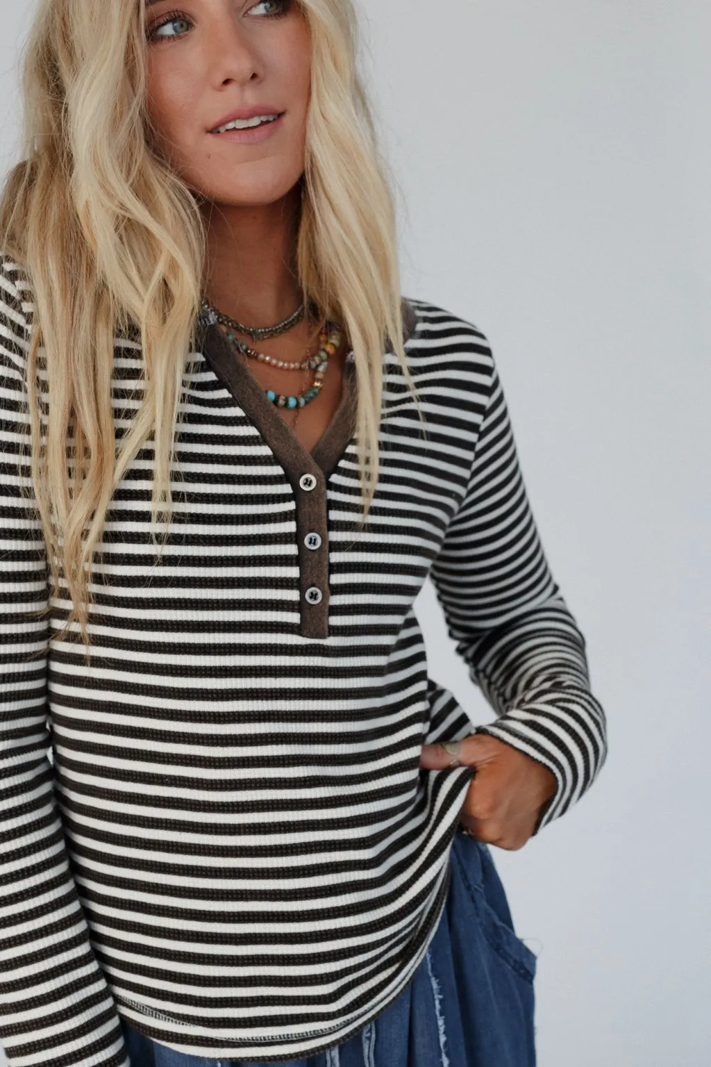 Cool Stripes Henley Top - Black