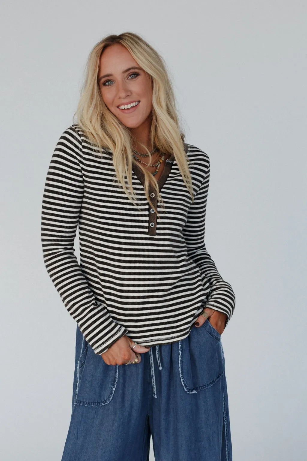 Cool Stripes Henley Top - Black