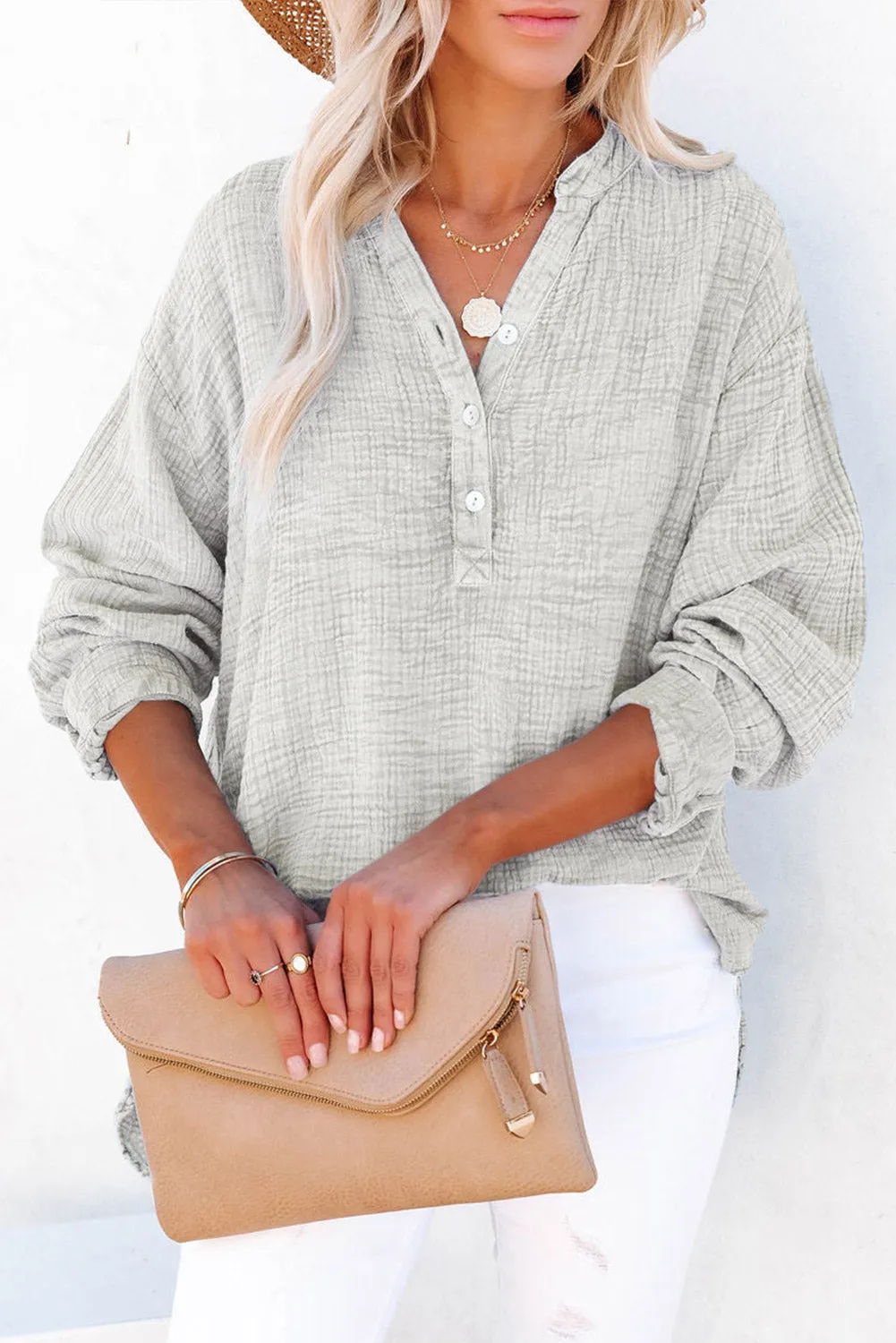 Crinkle Textured Loose Henley Top