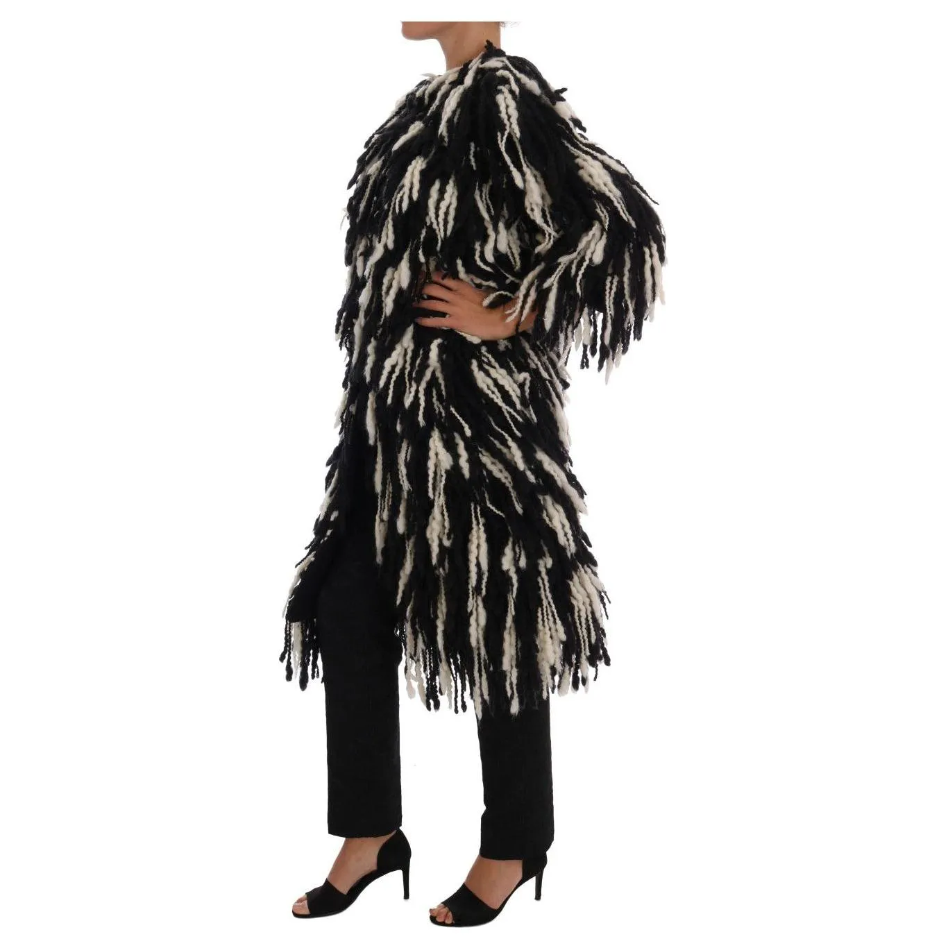 Dolce & Gabbana Black and White Fringed Wool Coat Jacket