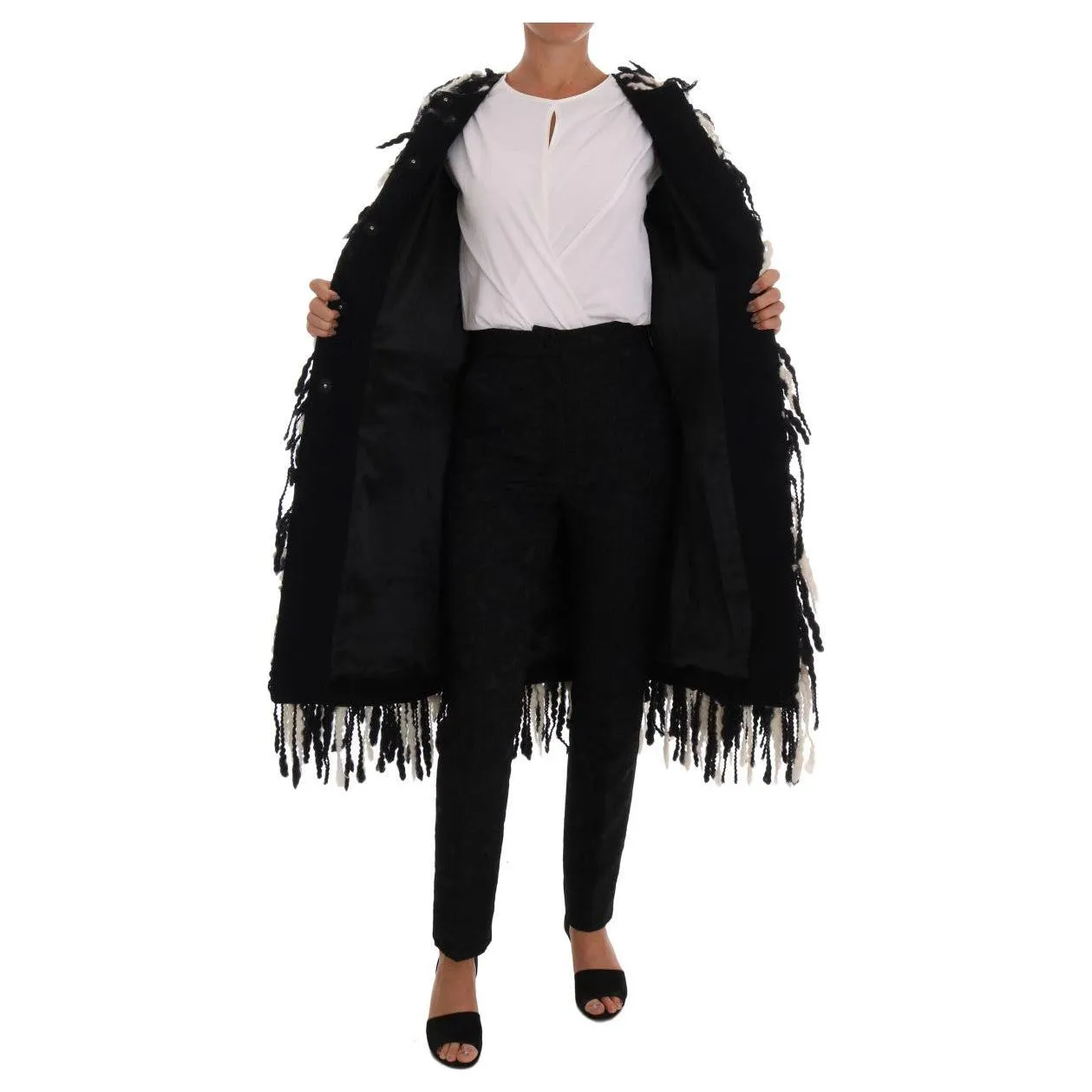 Dolce & Gabbana Black and White Fringed Wool Coat Jacket