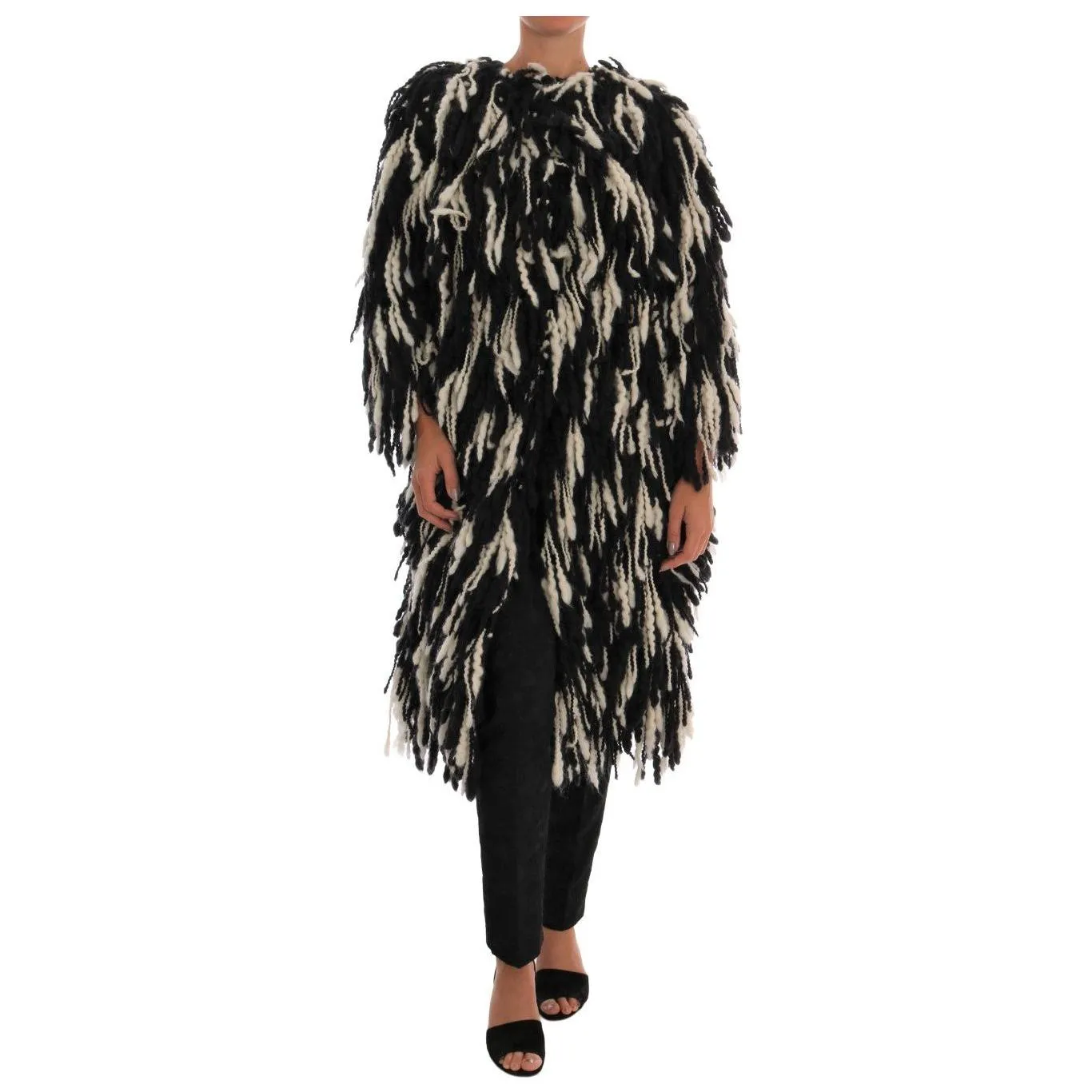 Dolce & Gabbana Black and White Fringed Wool Coat Jacket