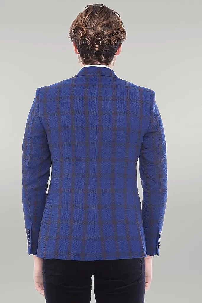 Double Breasted Pointed Collar Plaid Bast Blue Jacket-Wessi