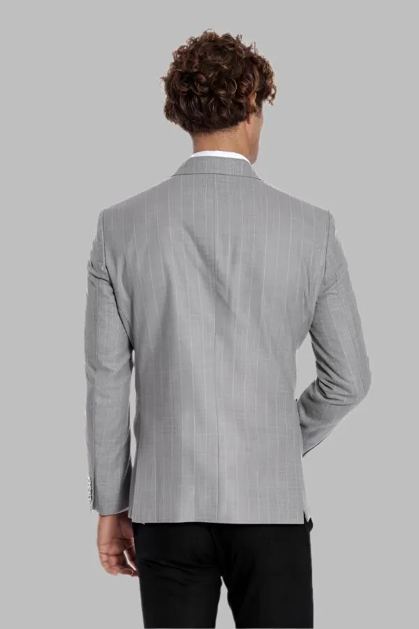 Double Breasted Slim Fit Striped Grey Men Blazer - Wessi