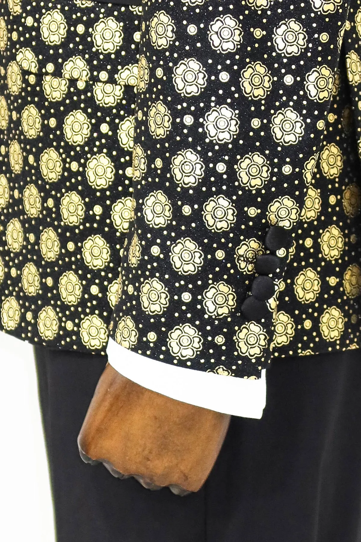 Floral Patterned Peak Lapel  Black with Gold Embellished Dinner Jacket - Wessi