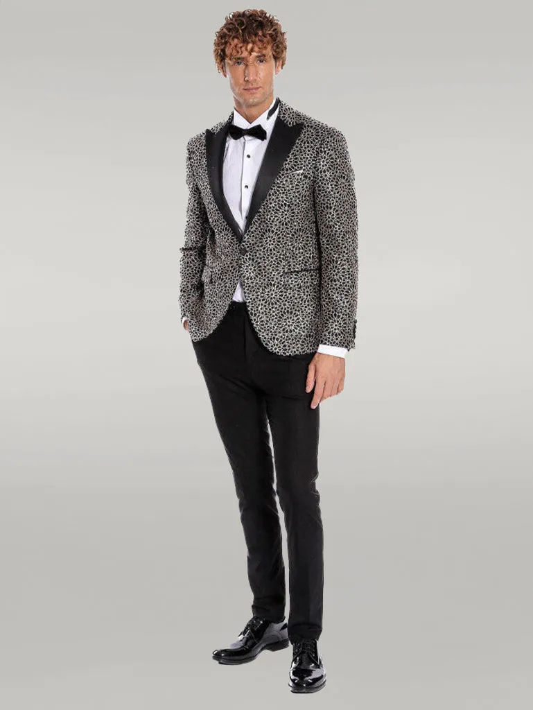 Flower Embroidered Pattern Black Men Party Blazer - Wessi