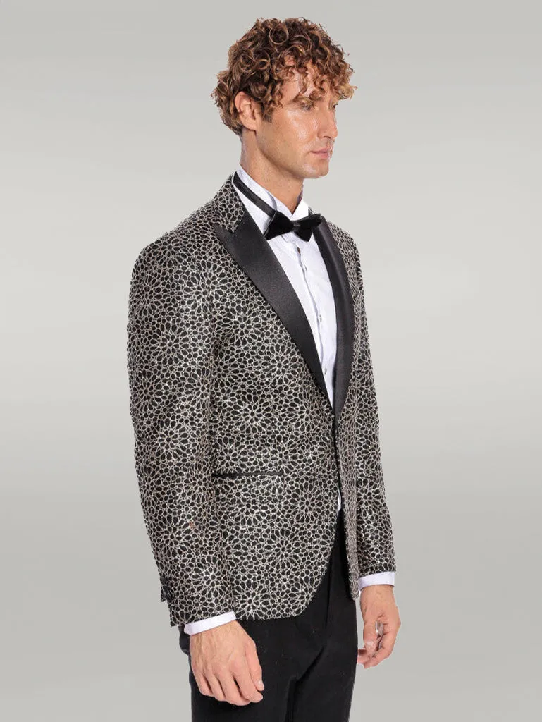 Flower Embroidered Pattern Black Men Party Blazer - Wessi