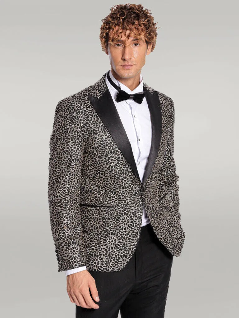 Flower Embroidered Pattern Black Men Party Blazer - Wessi