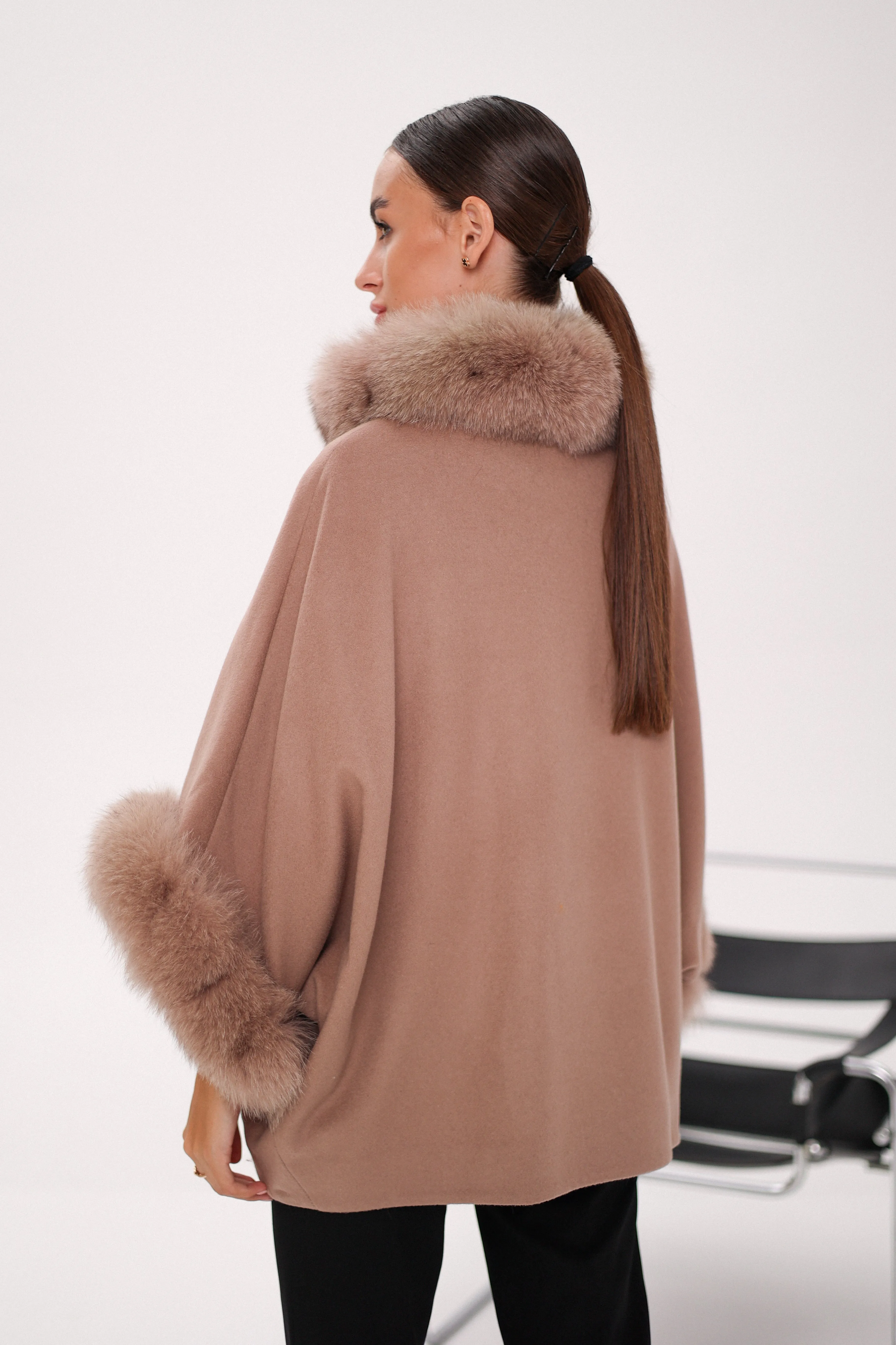 Genuine Polar Fox Fur Cashmere Blend Poncho in French Beige