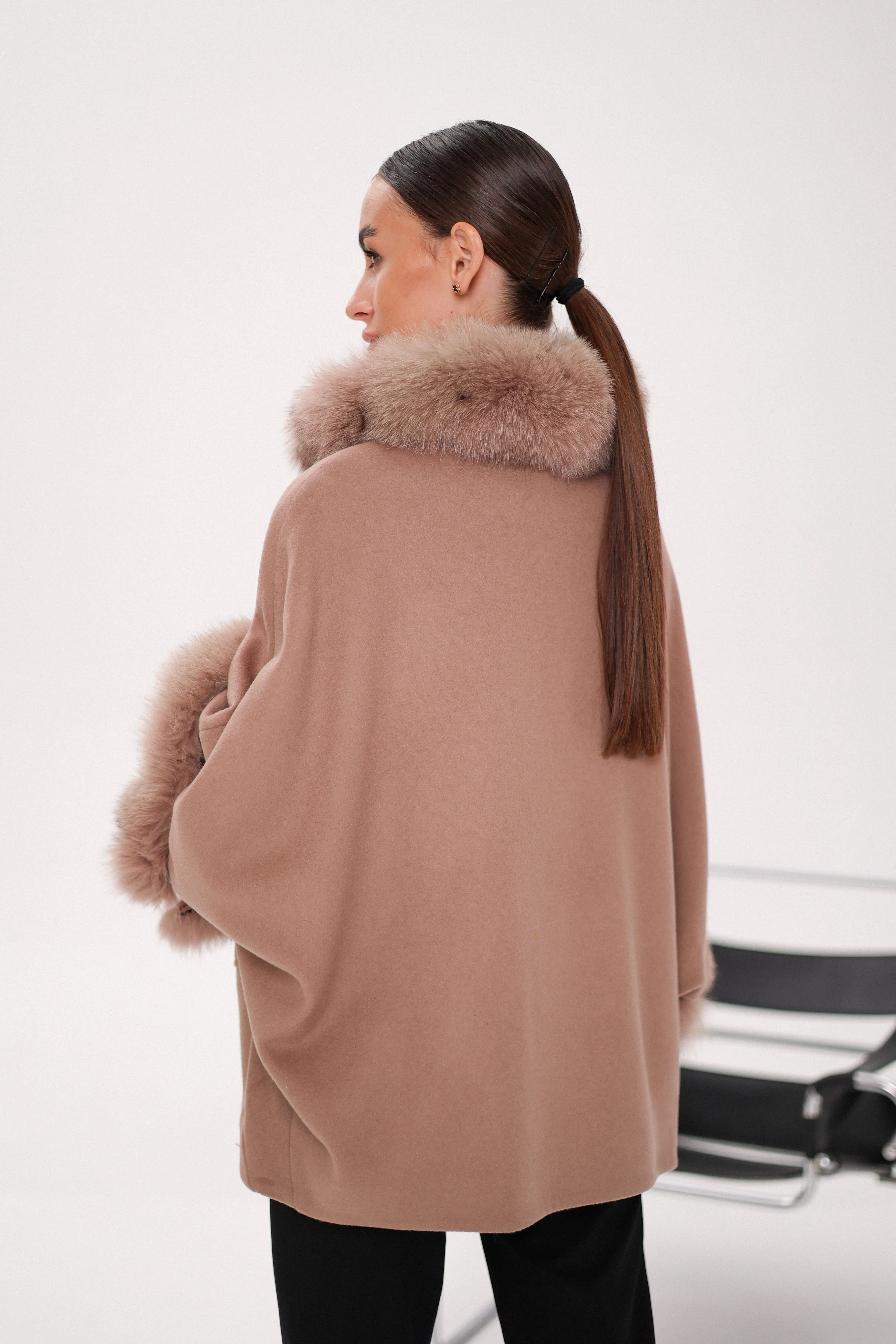 Genuine Polar Fox Fur Cashmere Blend Poncho in French Beige