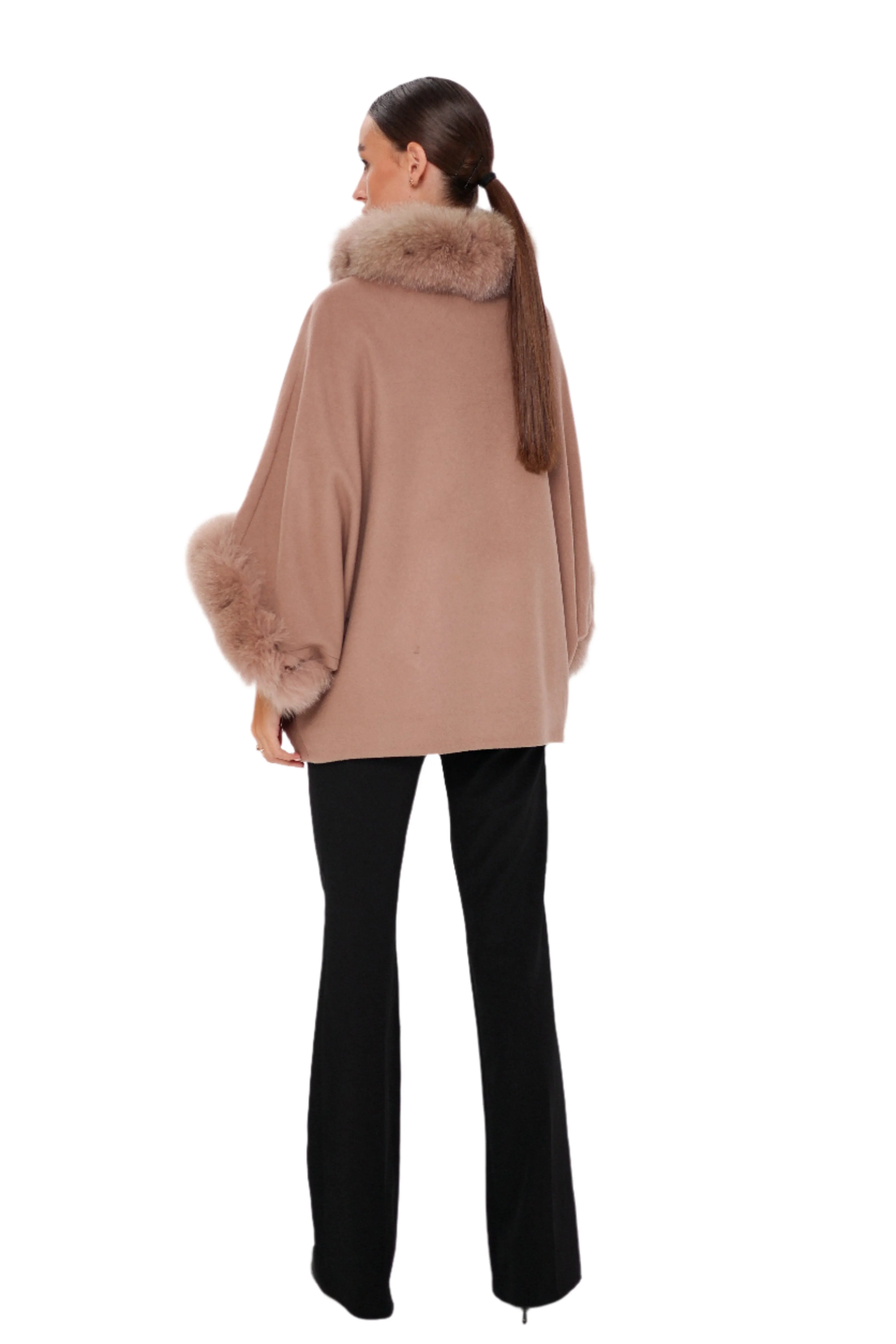 Genuine Polar Fox Fur Cashmere Blend Poncho in French Beige