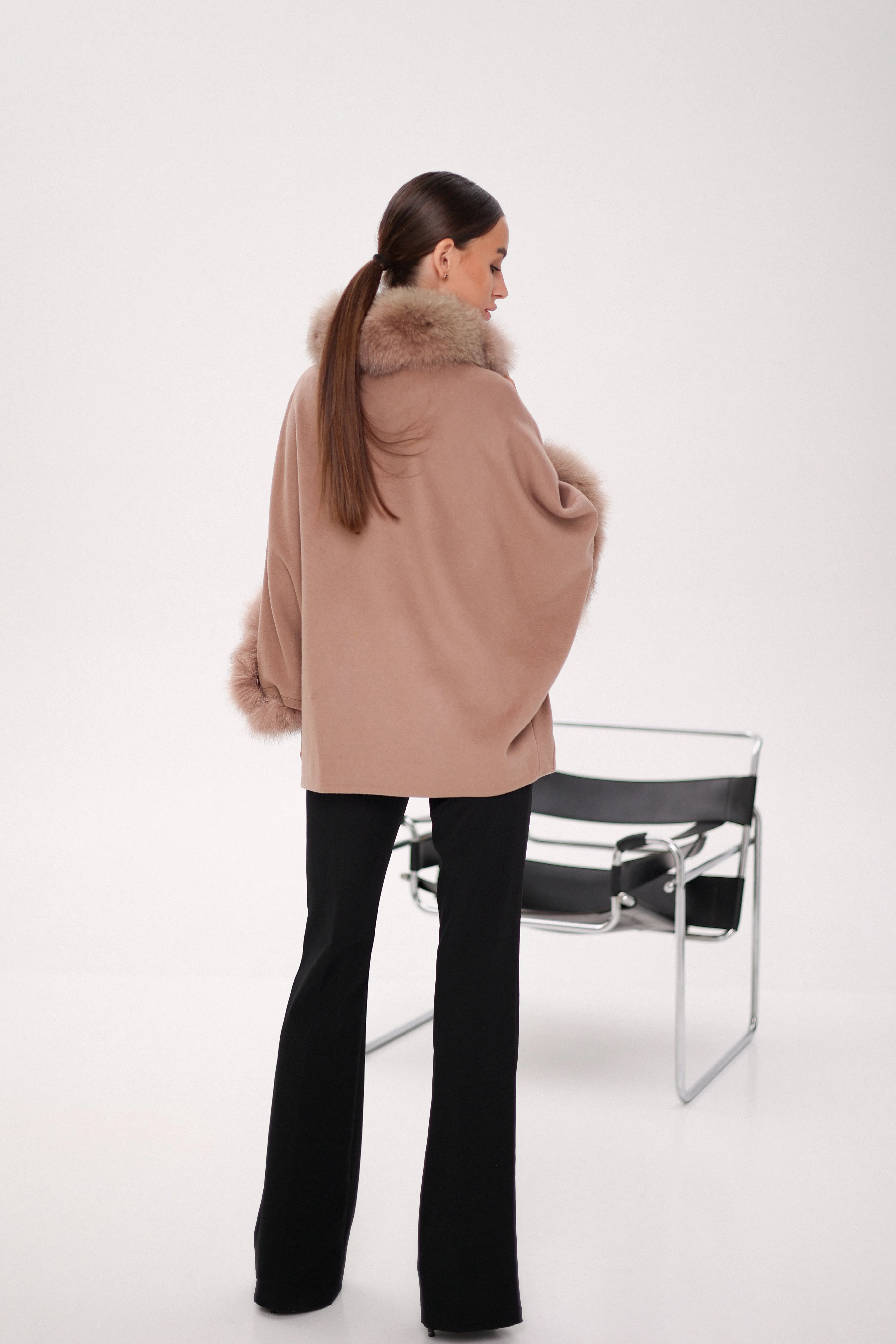 Genuine Polar Fox Fur Cashmere Blend Poncho in French Beige