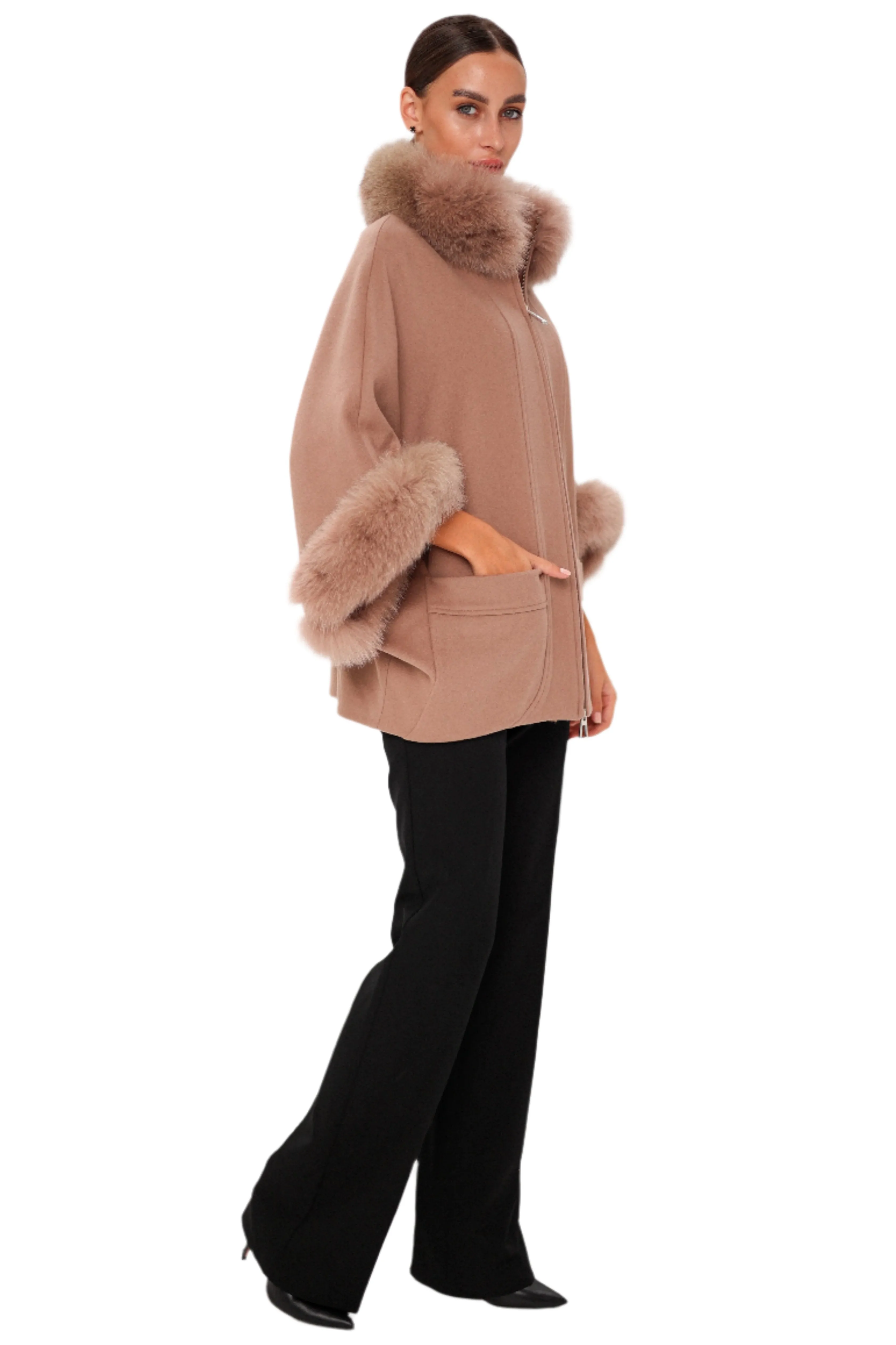 Genuine Polar Fox Fur Cashmere Blend Poncho in French Beige