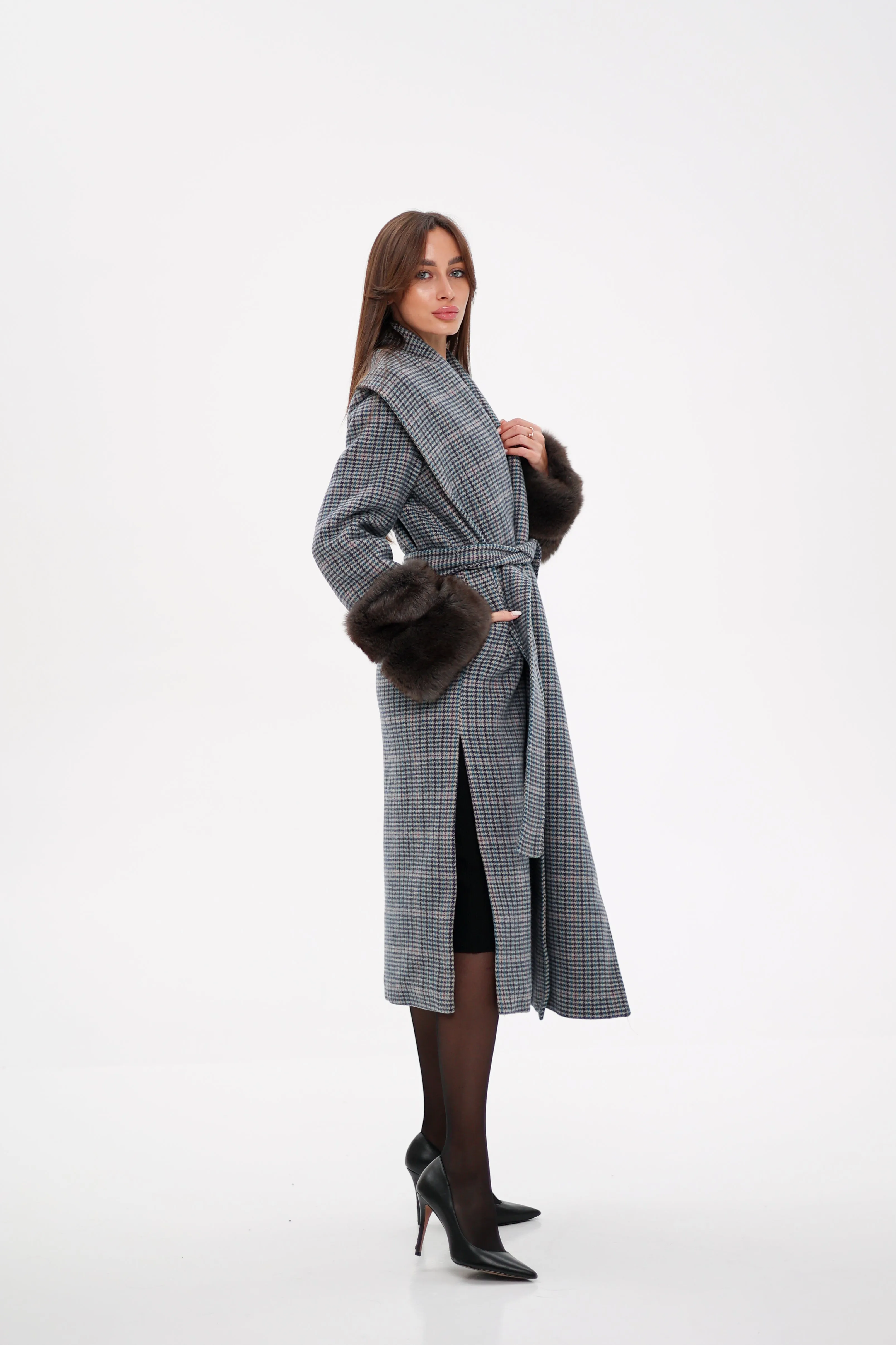 Genuine Polar Fox Fur Virgin Wool Wrap Coat