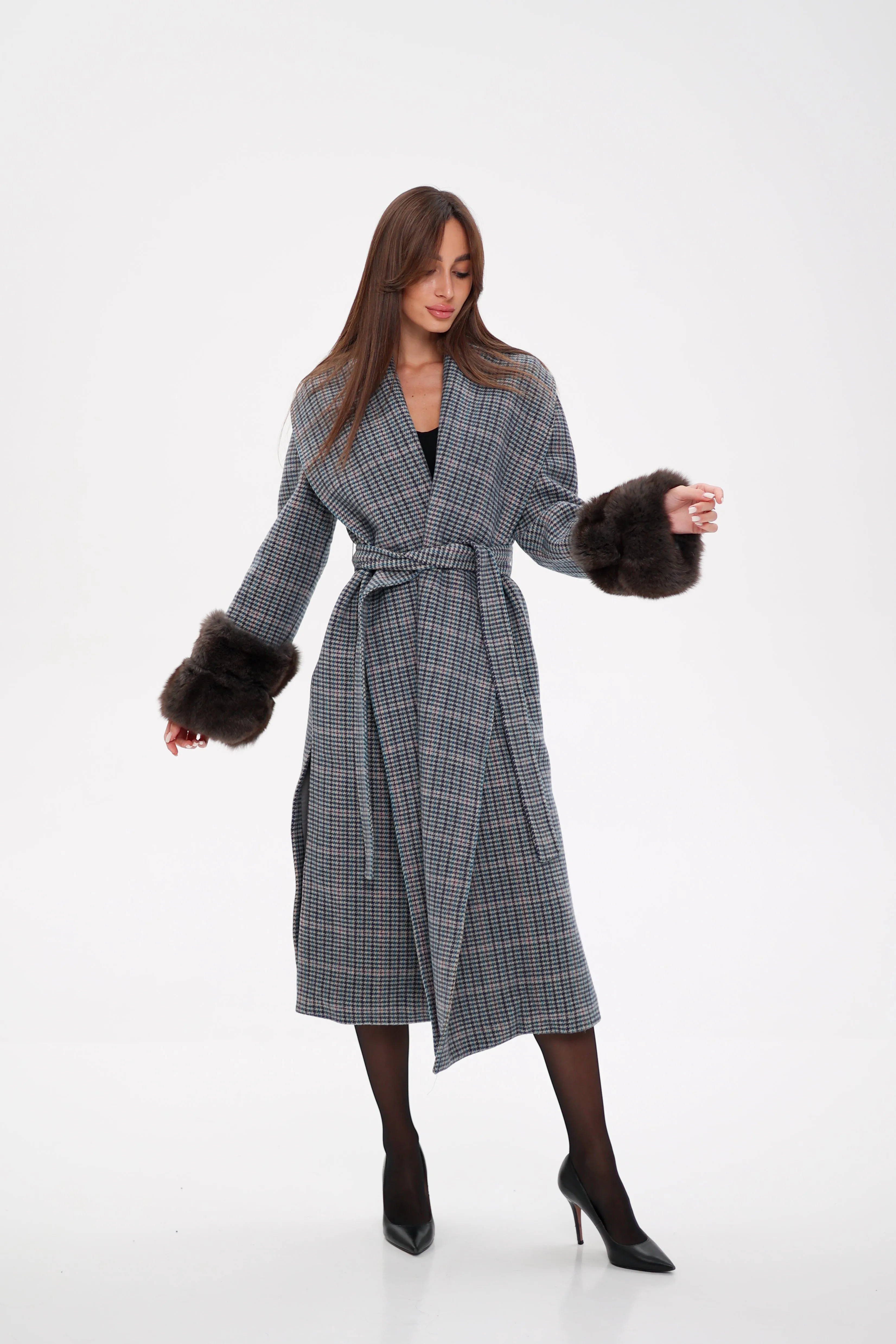 Genuine Polar Fox Fur Virgin Wool Wrap Coat