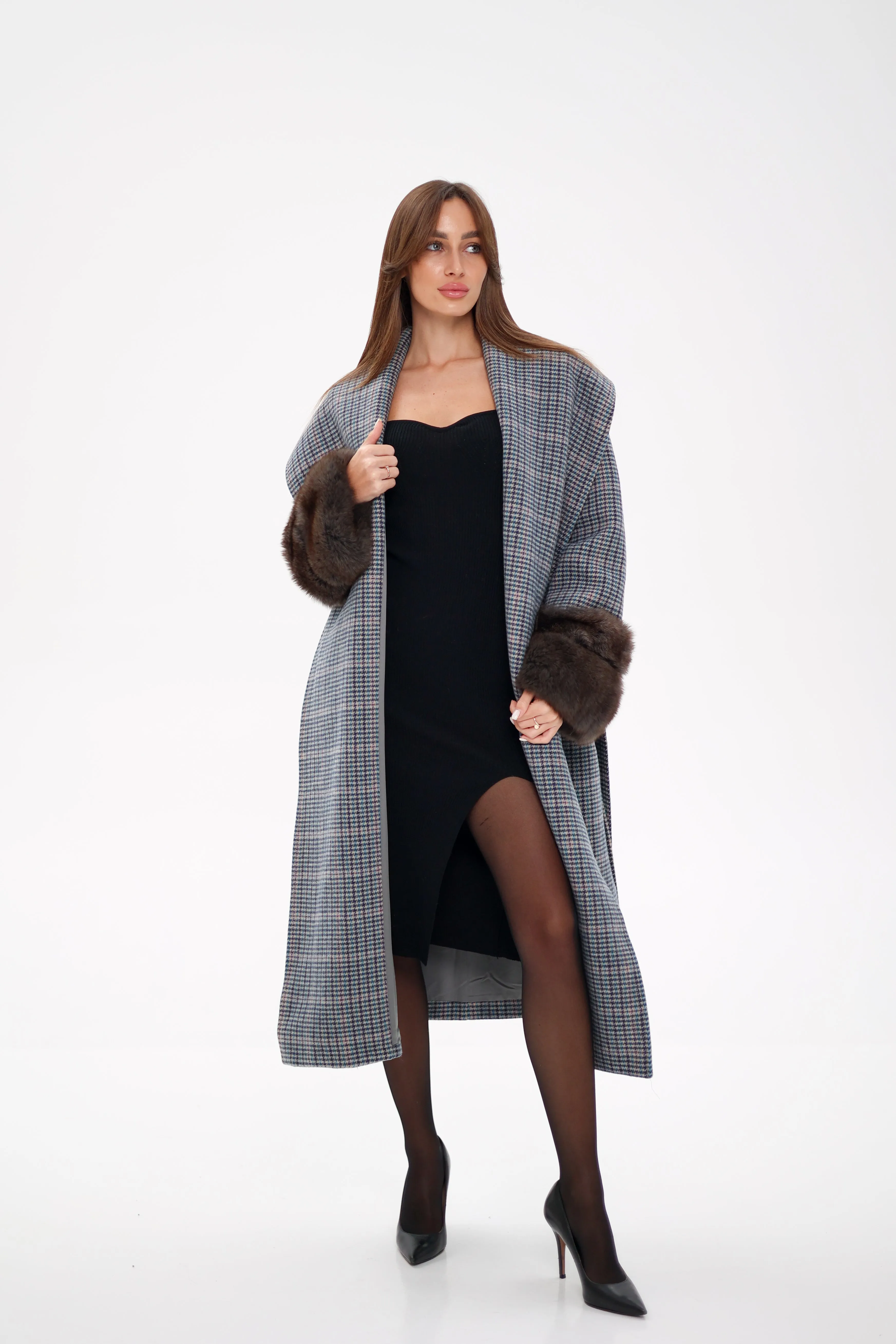 Genuine Polar Fox Fur Virgin Wool Wrap Coat