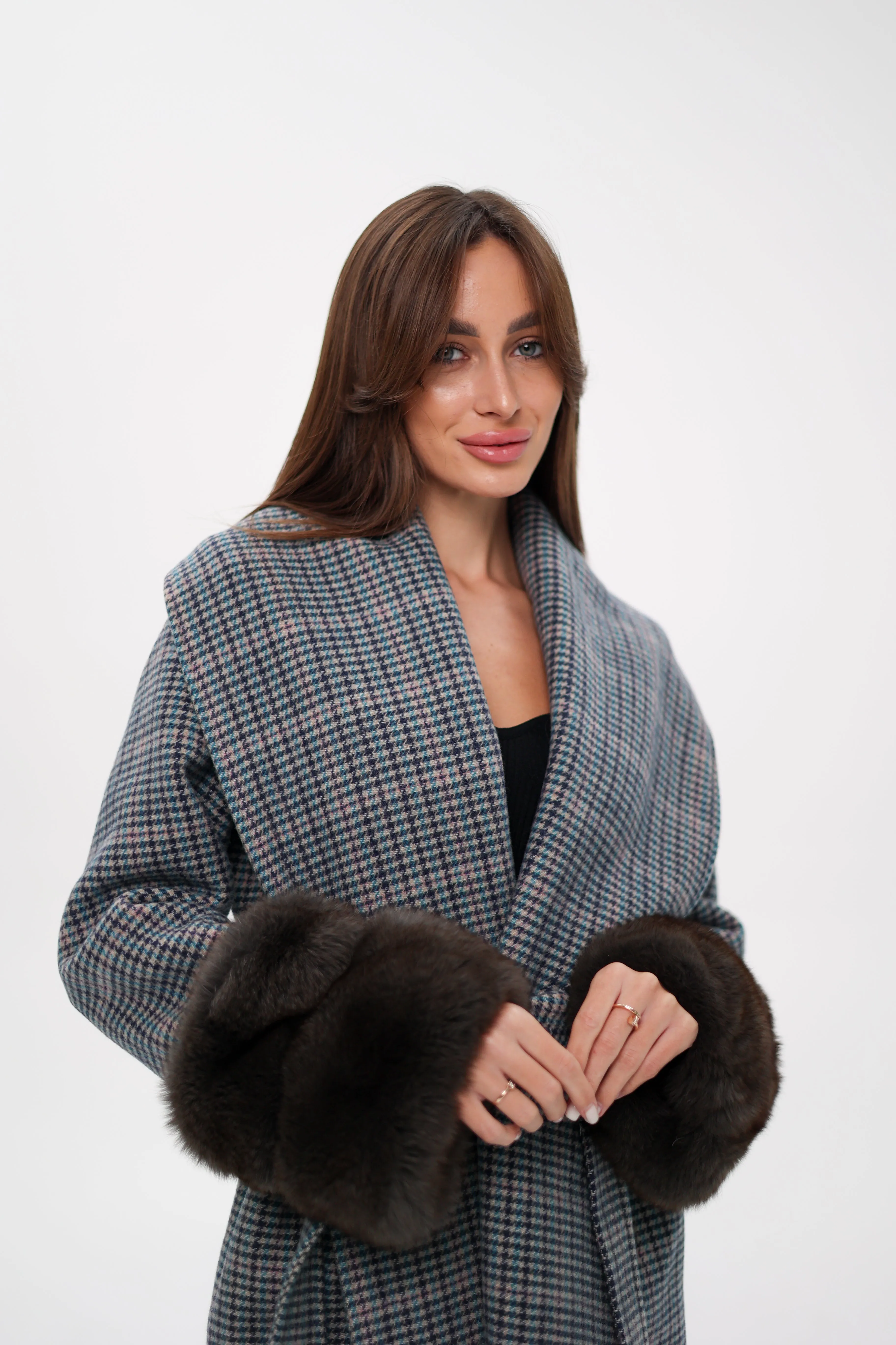 Genuine Polar Fox Fur Virgin Wool Wrap Coat