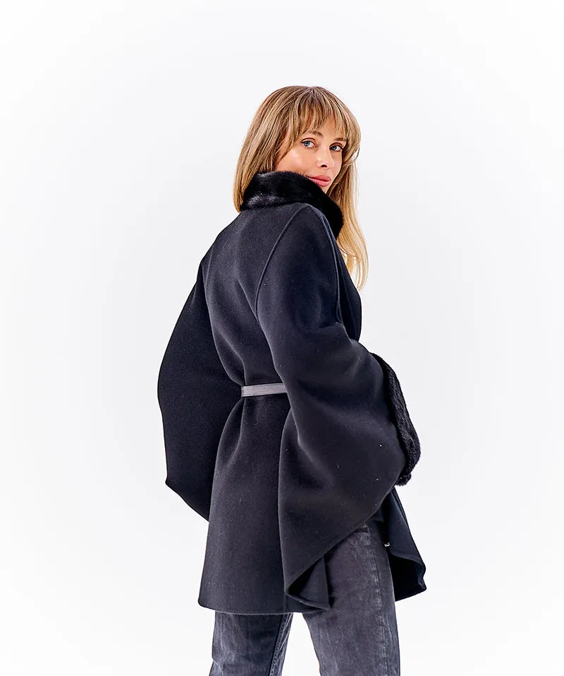 Genuine Scandinavian Mink Fur Double Face Wool Poncho