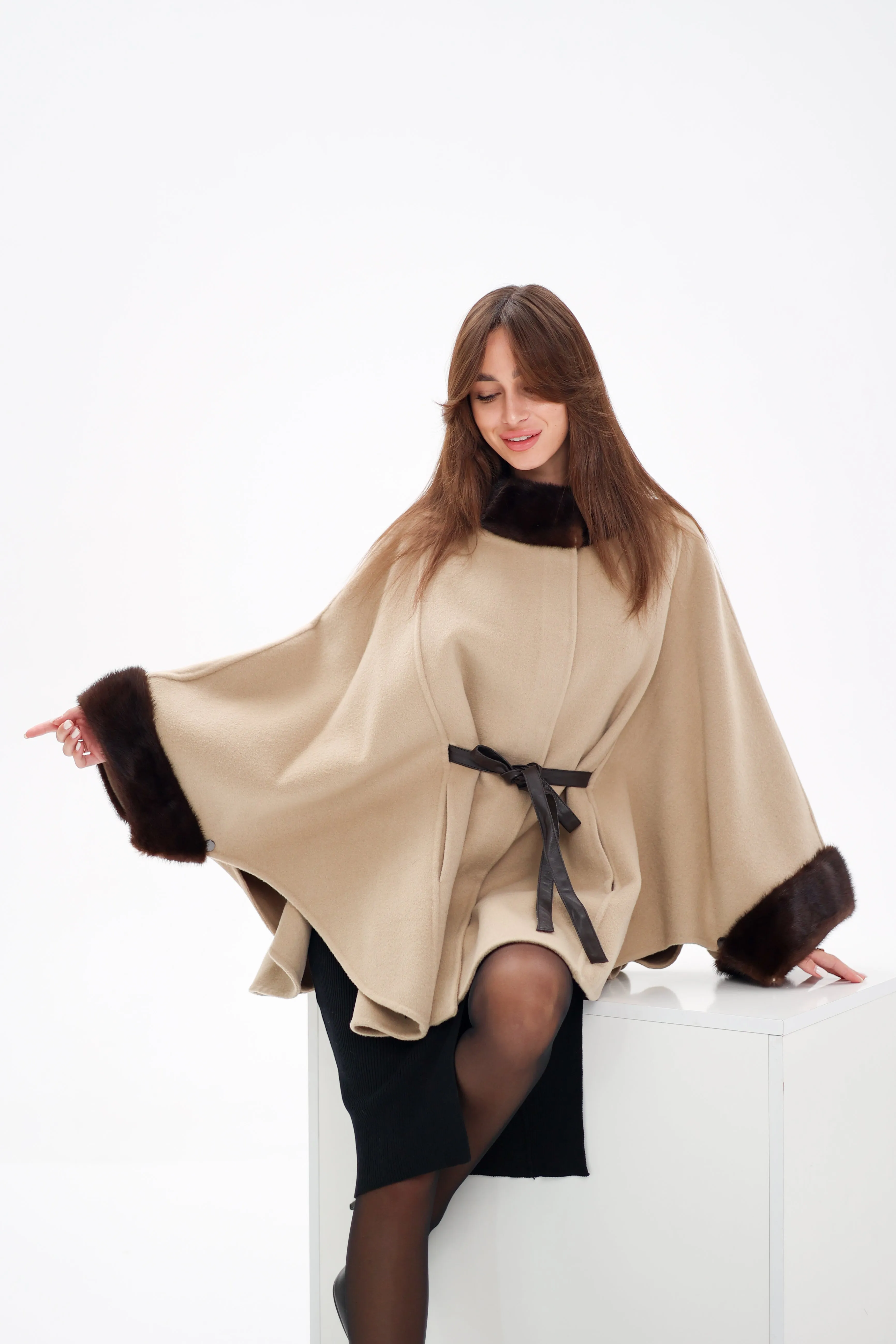 Genuine Scandinavian Mink Fur Double Face Wool Poncho