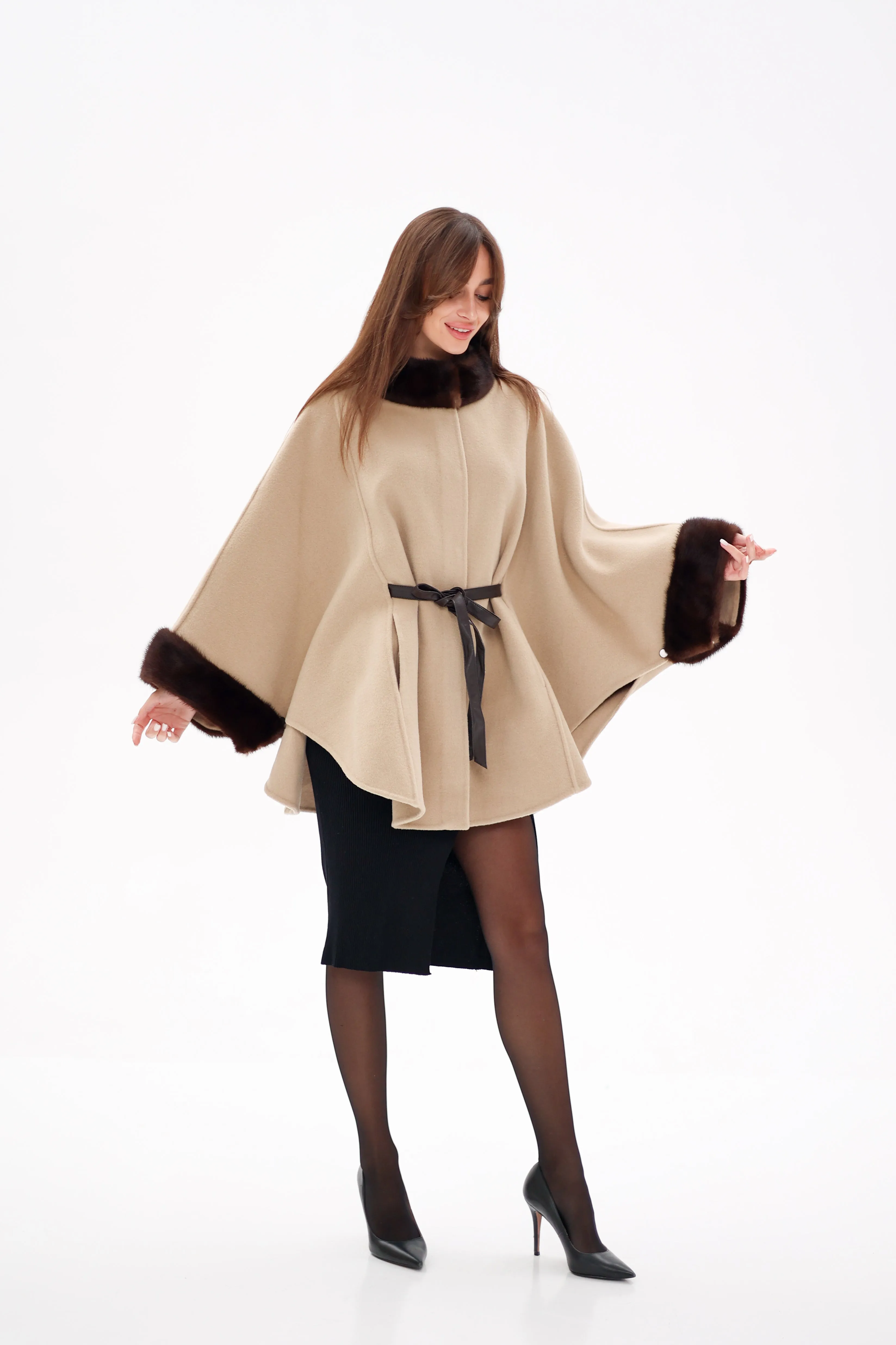 Genuine Scandinavian Mink Fur Double Face Wool Poncho