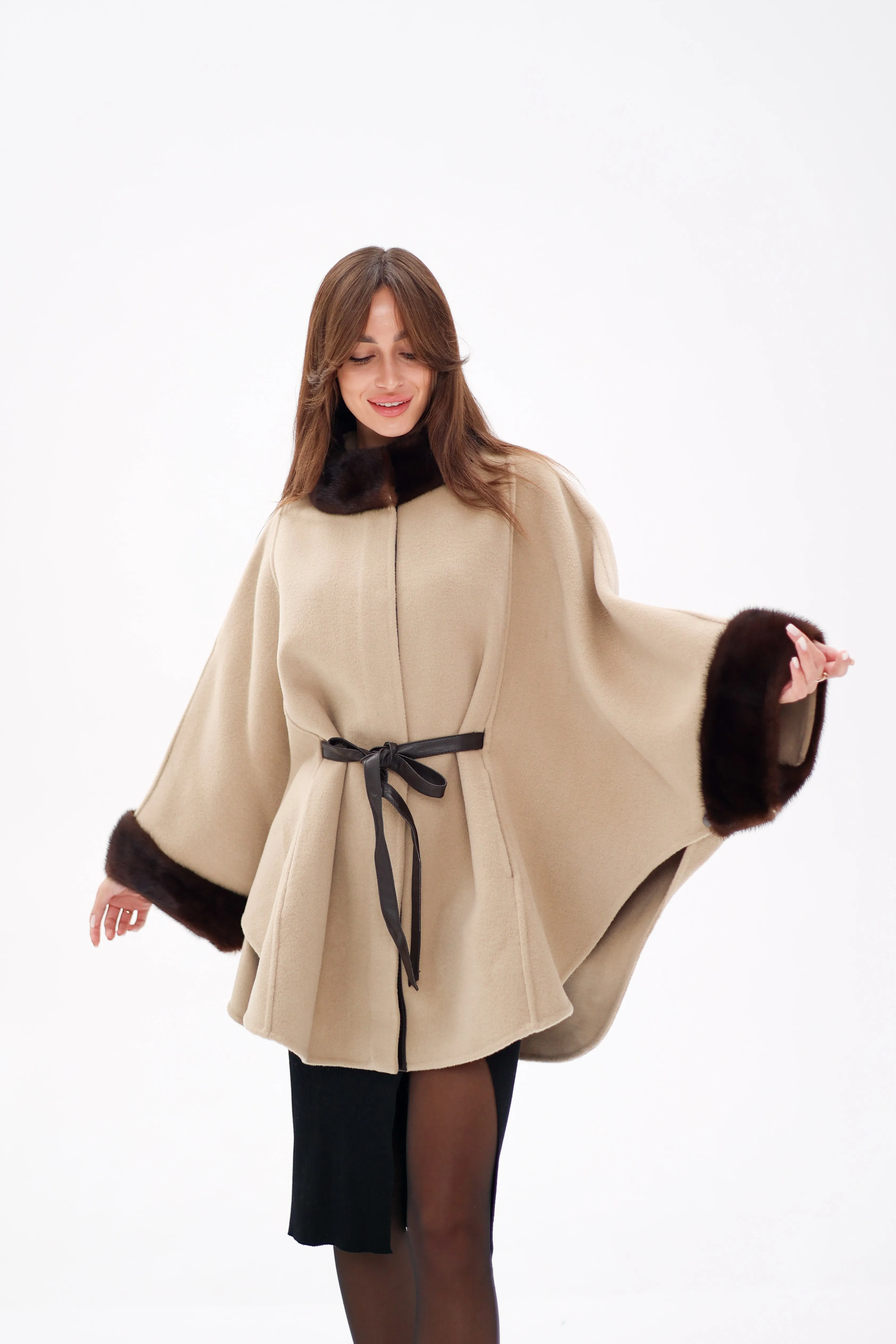 Genuine Scandinavian Mink Fur Double Face Wool Poncho