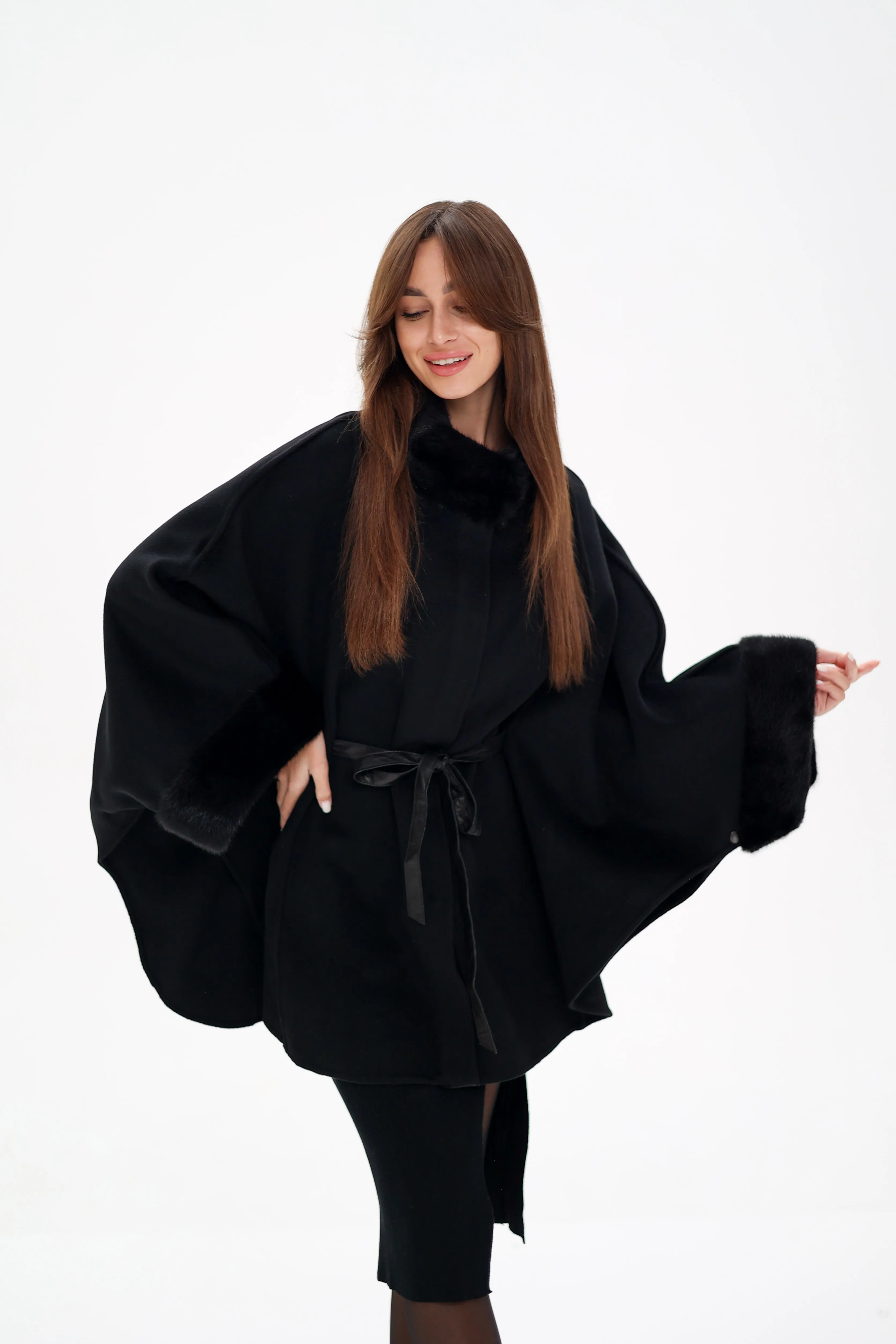 Genuine Scandinavian Mink Fur Double Face Wool Poncho