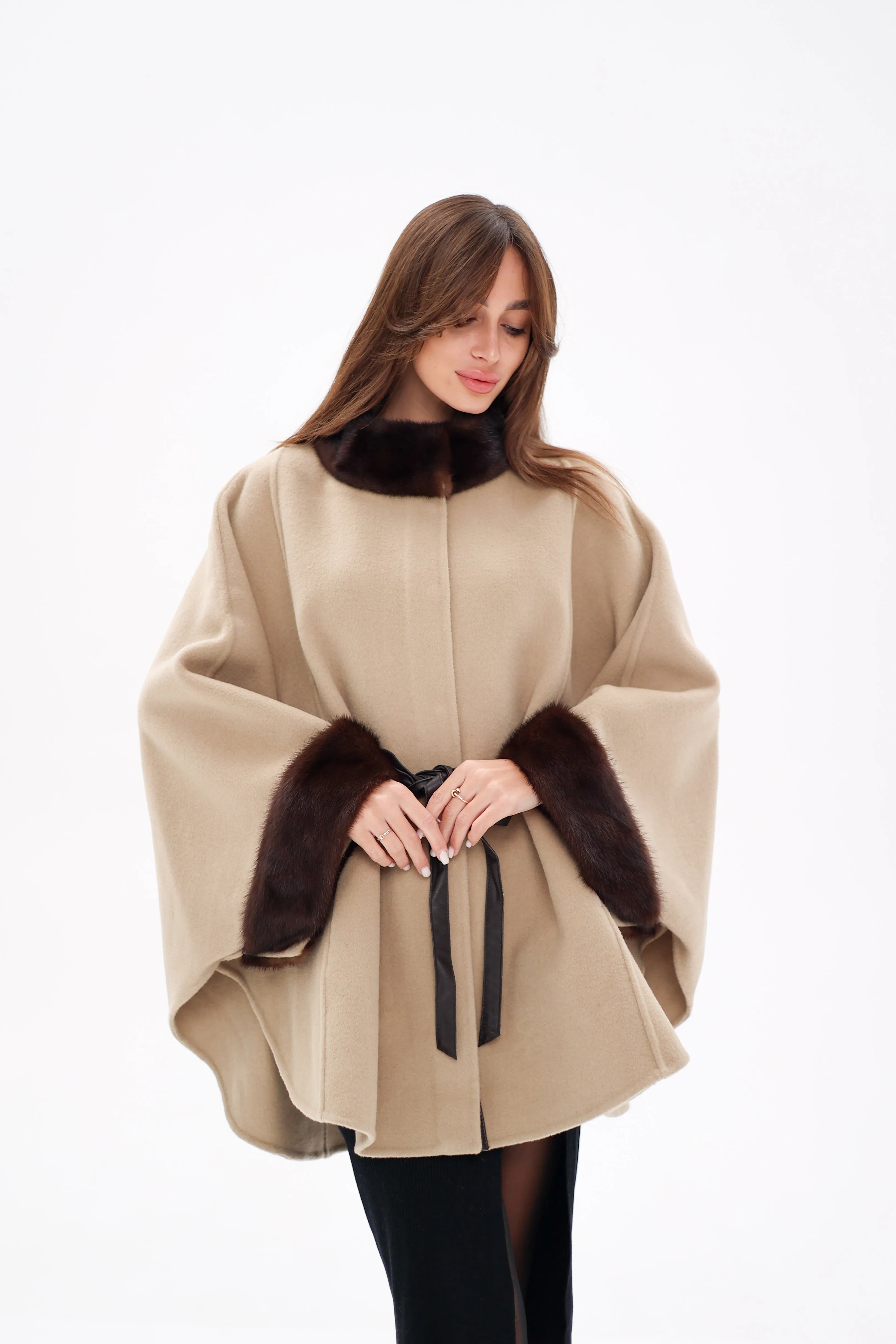 Genuine Scandinavian Mink Fur Double Face Wool Poncho