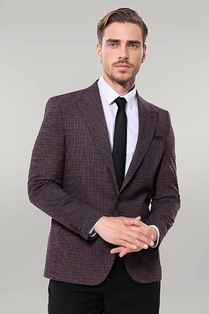 Gingham Slim Fit Single Button Black Men Blazer - Wessi