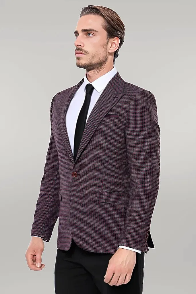 Gingham Slim Fit Single Button Black Men Blazer - Wessi