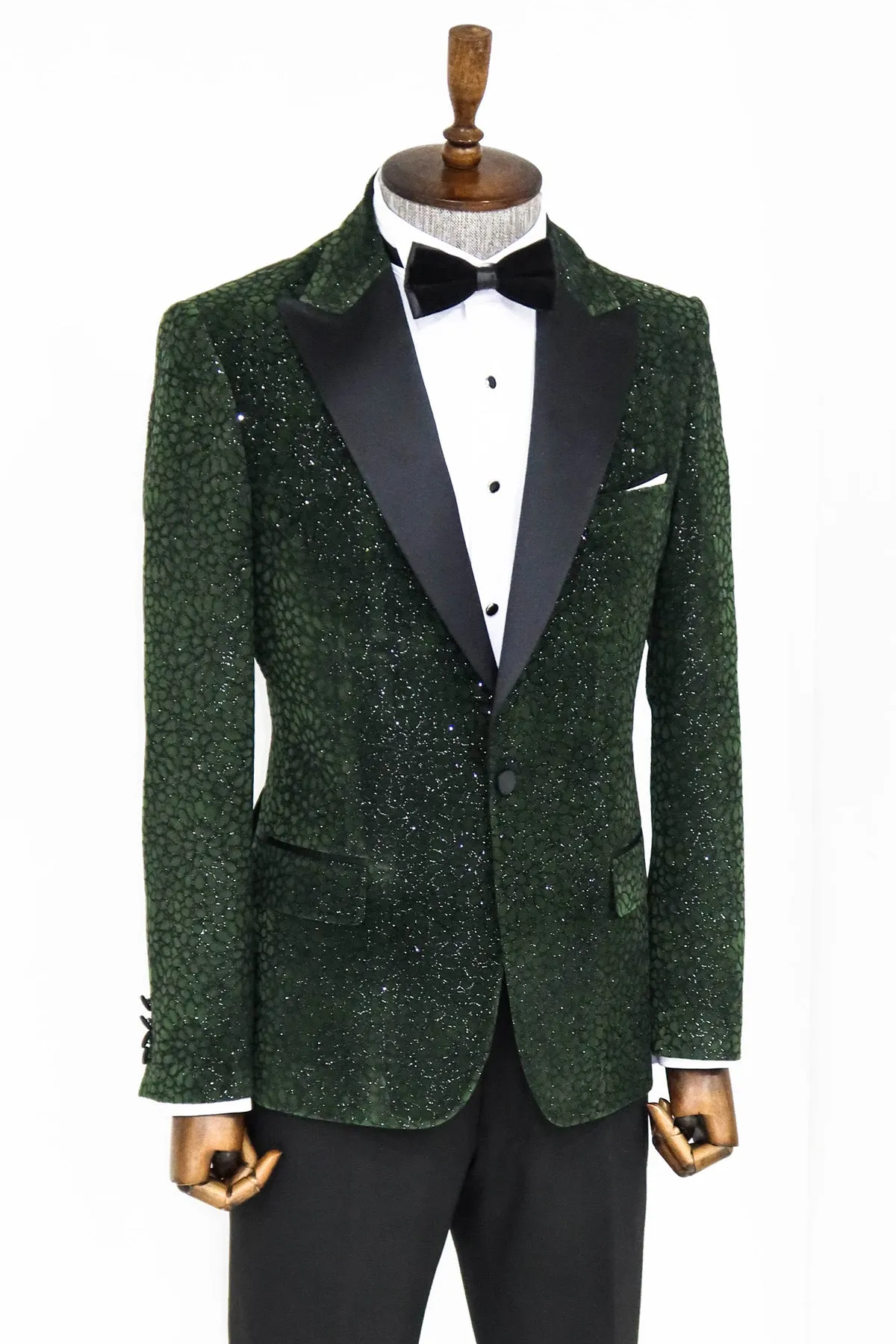 Glitter Floral Patterned Dark Green Men Dinner Jacket - Wessi