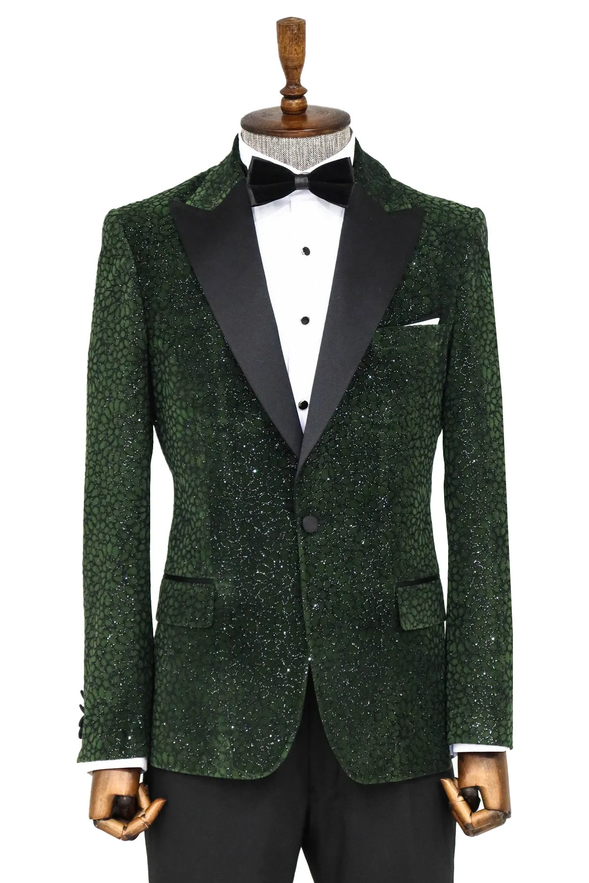 Glitter Floral Patterned Dark Green Men Dinner Jacket - Wessi