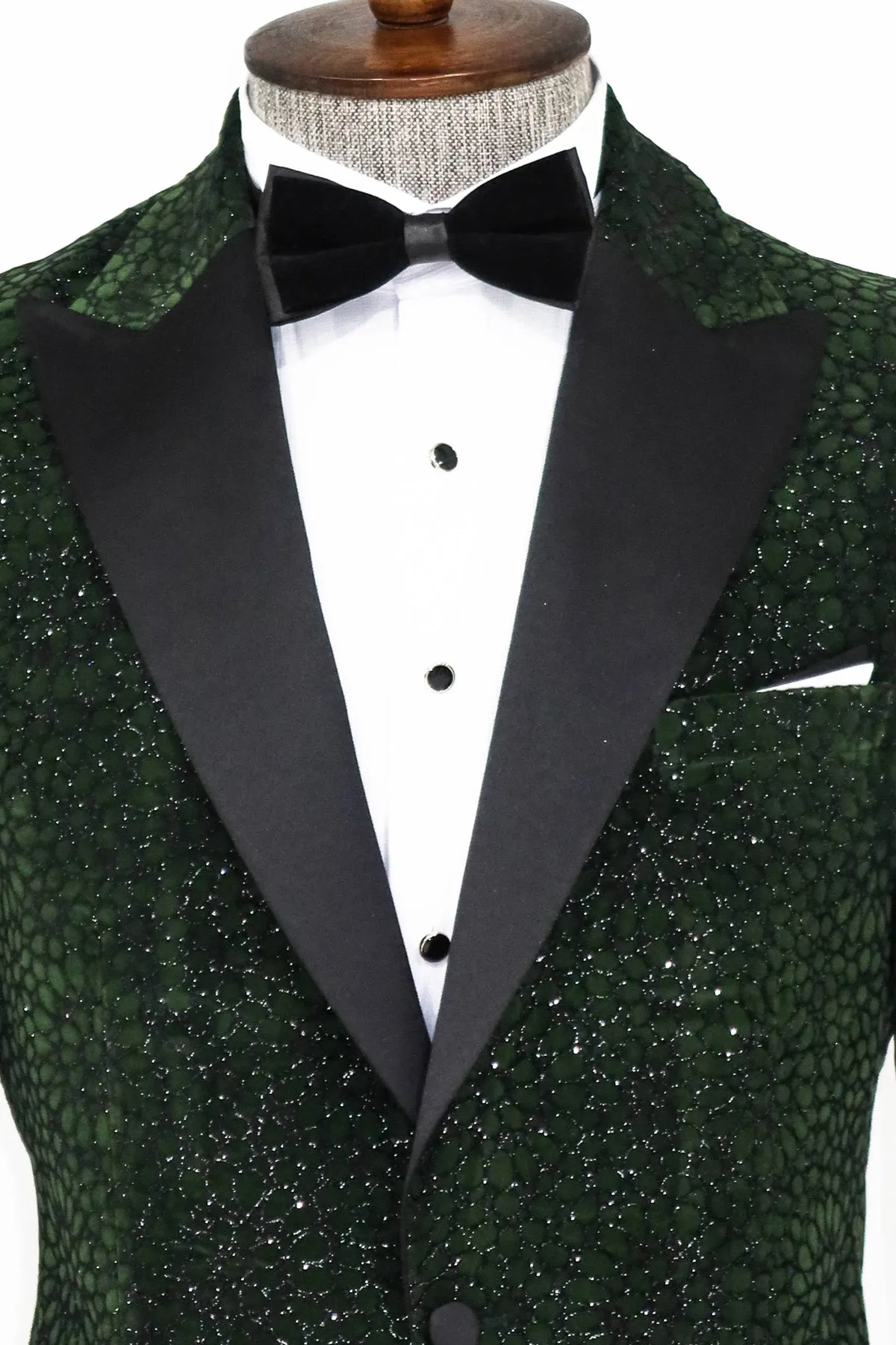 Glitter Floral Patterned Dark Green Men Dinner Jacket - Wessi