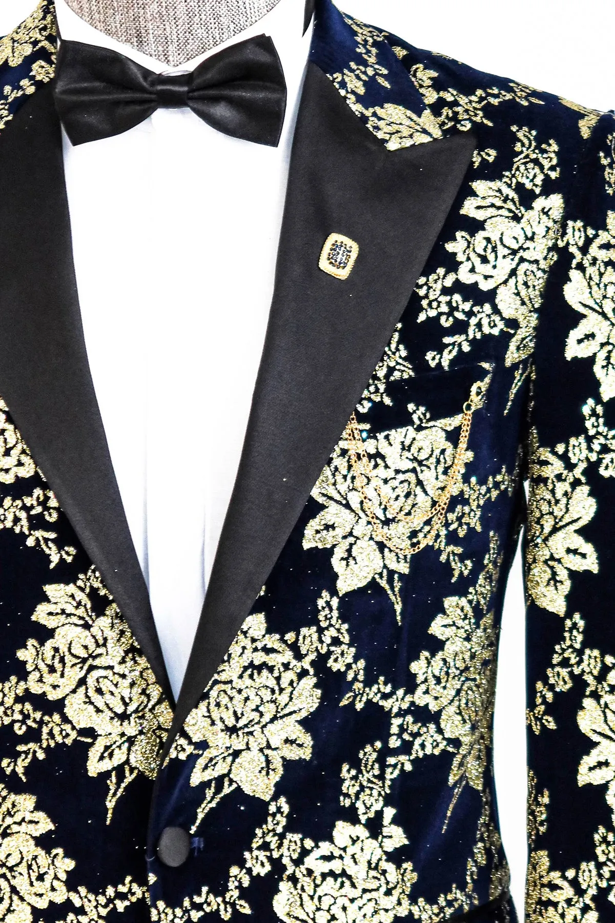 Gold Floral Patterned Navy Blue Men  Party Blazer - Wessi