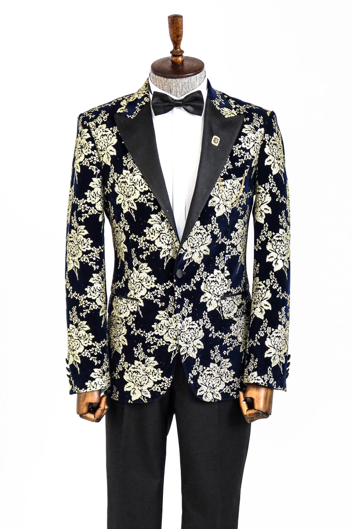 Gold Floral Patterned Navy Blue Men  Party Blazer - Wessi