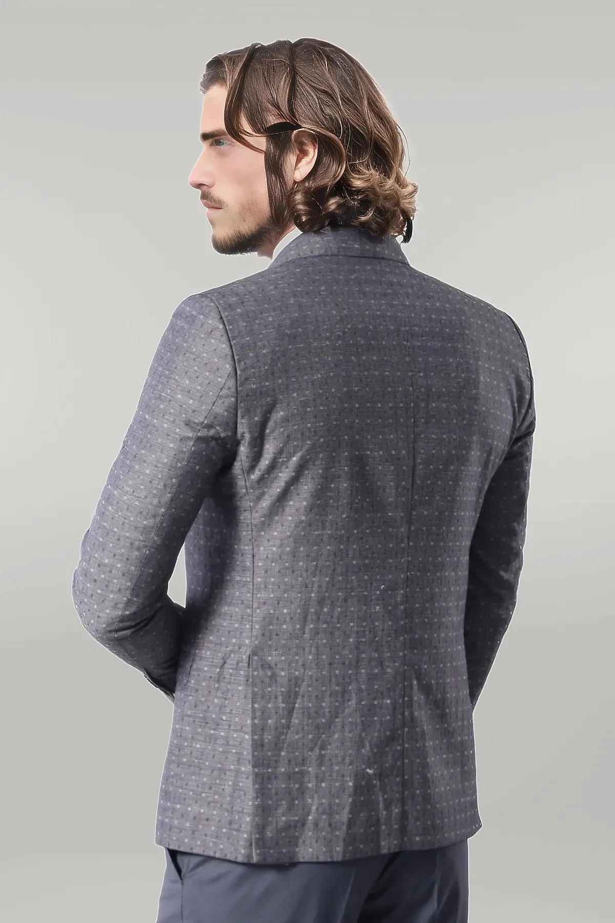 Grey Linen Dot Patterned Jacket | Wessi