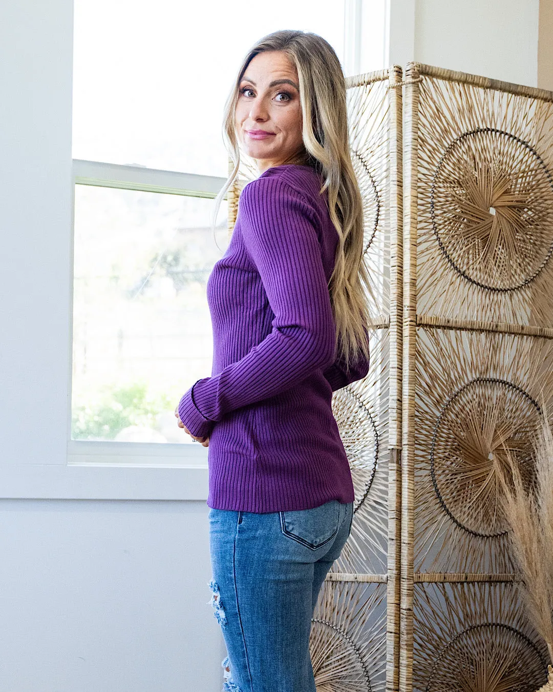 NEW! Monica Ribbed Henley Top - Plum